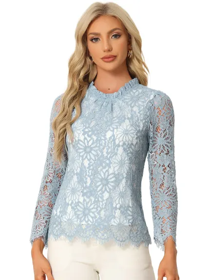 Allegra K- Ruffle Round Neck Long Sleeve Lace Floral Blouse