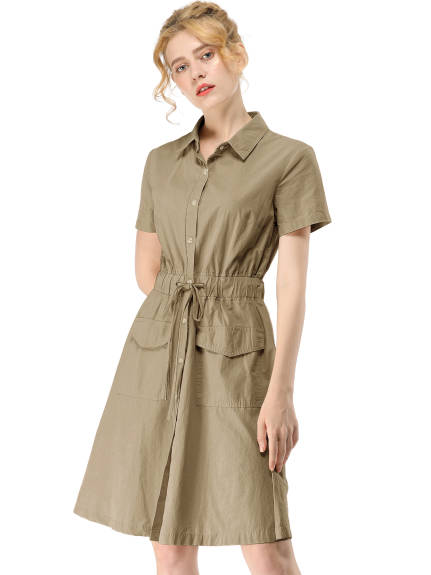 Allegra K- Button Down Cotton Flare Shirt Dress