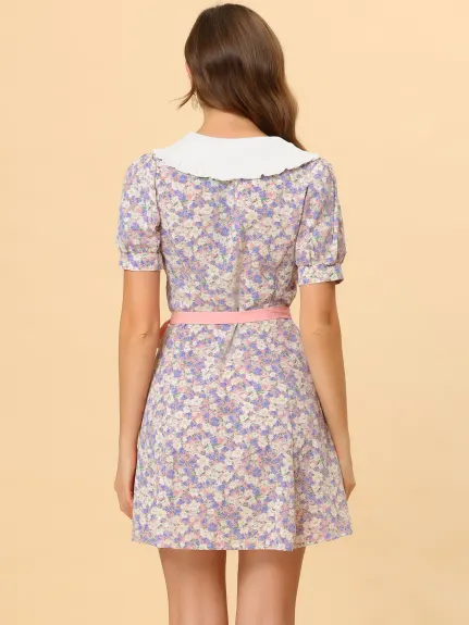 Allegra K- Floral Bow Tie Short Sleeve Shirt Dress