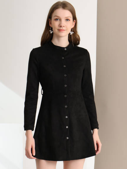 Allegra K- Long Sleeve Faux Suede Belted Button Down Dress