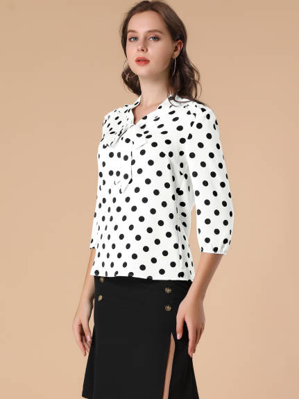 Allegra K- Polka Dots Ruffle Shoulder Bow Tie Neck Blouse