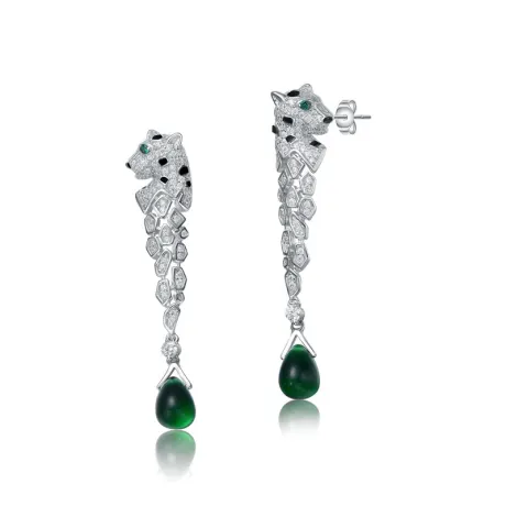 Genevive Sterling Silver White Gold Plated with Emerald Green Cubic Zirconia Fauna Drop Earrings