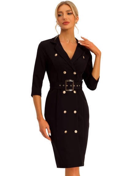 Allegra K- Double Breasted Lapel Belted Blazer Dress