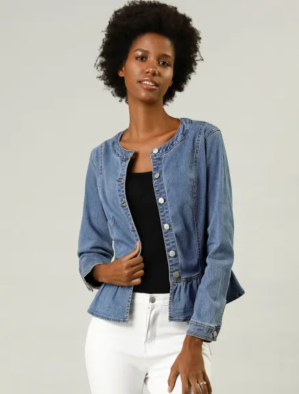 Allegra K - Veste en jean délavée courte à ourlet volanté