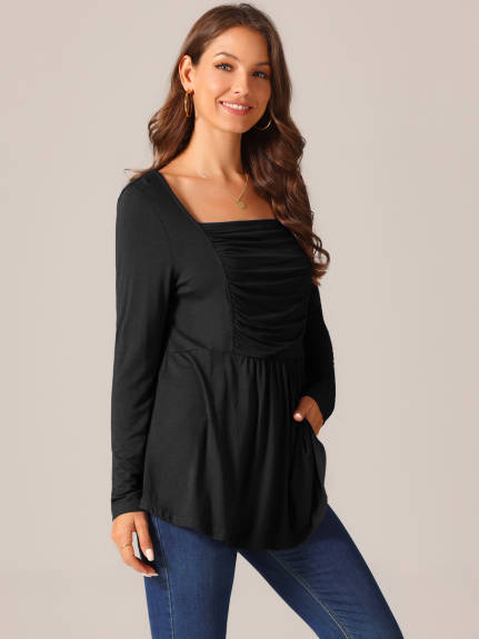 Allegra K - Long Sleeve Square Neck Tunic Top