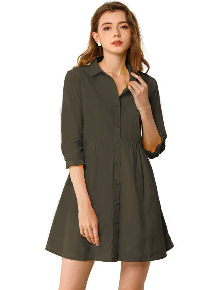 Allegra K- 3/4 Sleeve Button Up Flare Shirt Dress