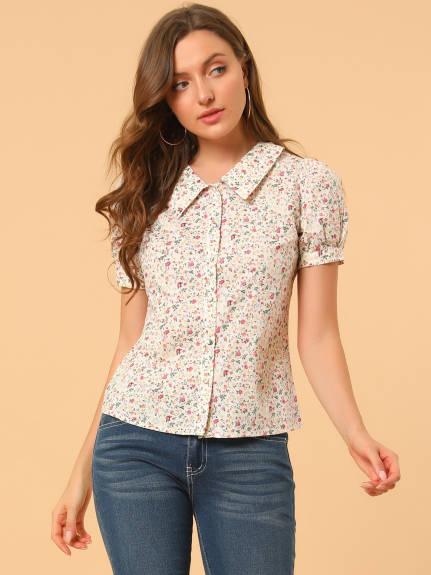 Allegra K- Puff Sleeve Turndown Collar Floral Blouse