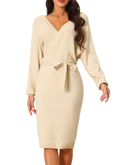 Allegra K - Deep Wrap V Neck Belted Sweater Dress