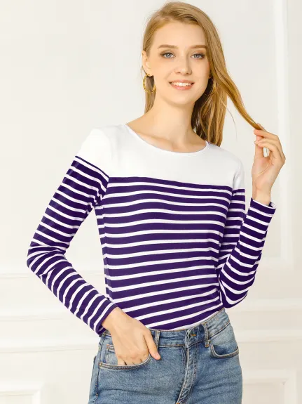 Allegra K- Color Block Long Sleeve Stripe T-Shirt