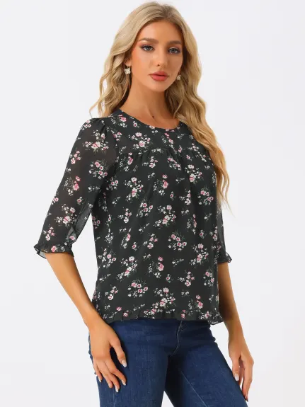 Allegra K- Blouse florale en mousseline à manches 3/4 et à volants