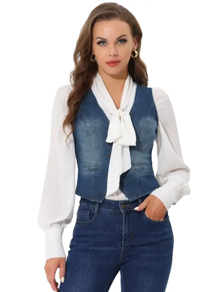 Allegra K - Veste gilet en denim lavé boutonnée à col en V