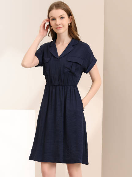 Allegra K- Notched Lapel V-Neck A-Line Shirt Dress