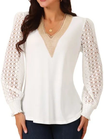 Allegra K - Lace V Neck Hallow Out Sleeve Blouse