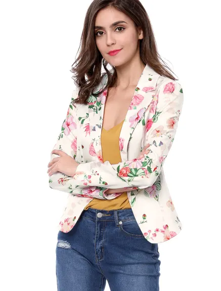 Allegra K- Open Front Notch Lapel Printed Blazer Jacket