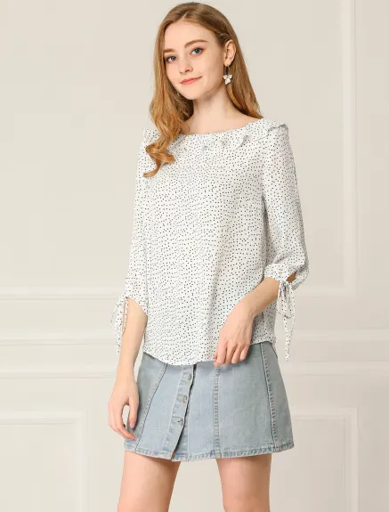 Allegra K- Ruffled Neck Half Sleeve Sheer Polka Dots Blouse