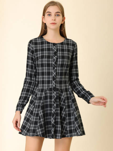 Allegra K- Plaid Long Sleeve Belted A-Line Shirt Dress