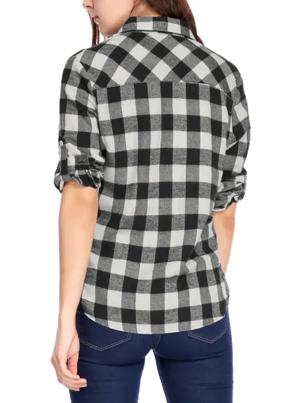 Allegra K- Plaid Long Sleeves Cuff Button Down Shirt