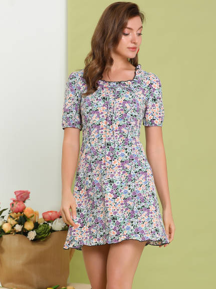 Allegra K- Floral Ruffle Square Neck Summer Mini Dress