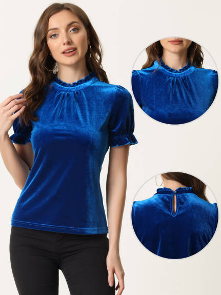 Allegra K- Ruffle Collar Short Sleeve Velvet Blouse