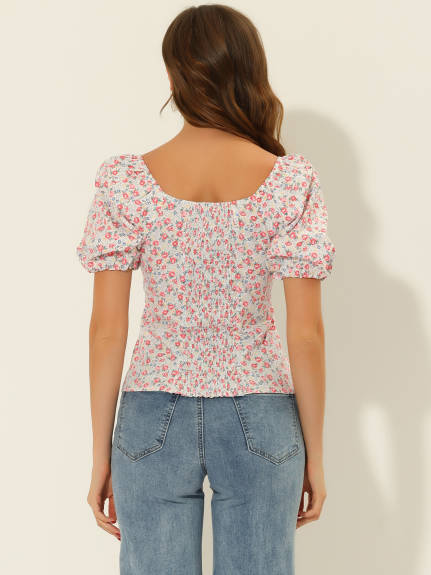 Allegra K- Puff Sleeve Sweetheart Neck Smocked Floral Top