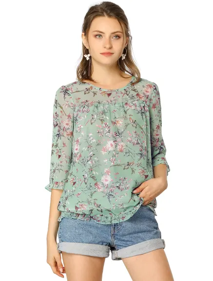 Allegra K- Floral Ruffled 3/4 Sleeve Chiffon Blouse