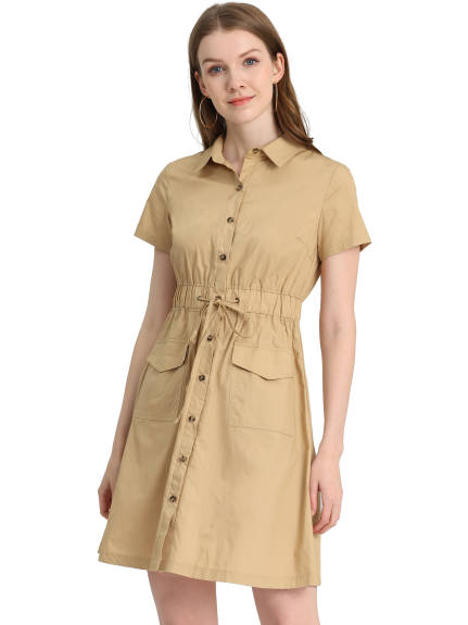 Allegra K- Button Down Cotton Flare Shirt Dress