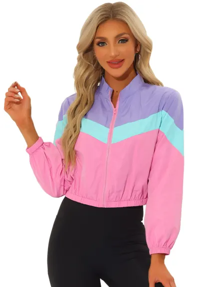 Allegra K- Color Block Long Sleeve Crop Jacket