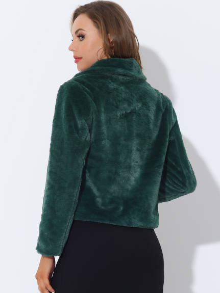 Allegra K- Notch Lapel Faux Fur Fluffy Cropped Coat