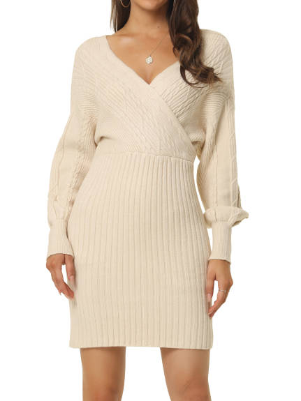 Allegra K- Deep V Neck Wrap Lantern Sleeve Slim Fit Mini Sweater Dress