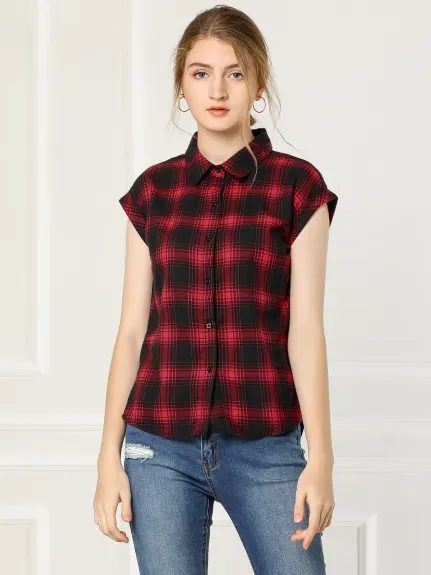 Allegra K- Plaid Short Sleeve Button Down Shirt