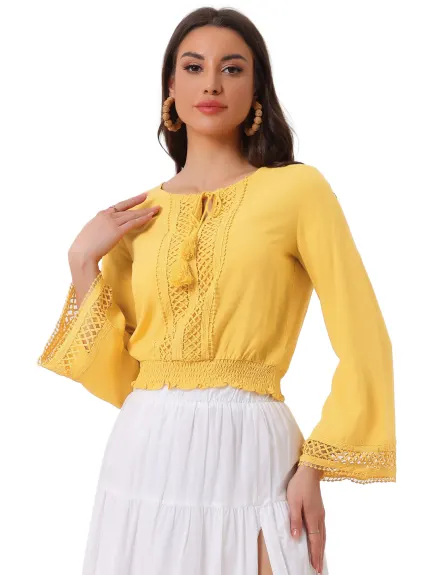 Allegra K- Lace Tie Neck Bell Sleeve Cropped Top