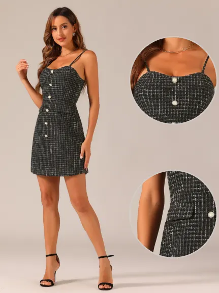 Allegra K- Plaid Button Spaghetti Strap Tweed Dress