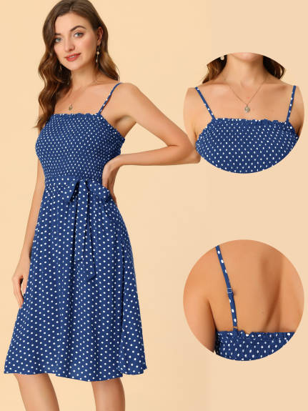 Allegra K- Polka Dots Tie Waist Smocked Spaghetti Strap Dress