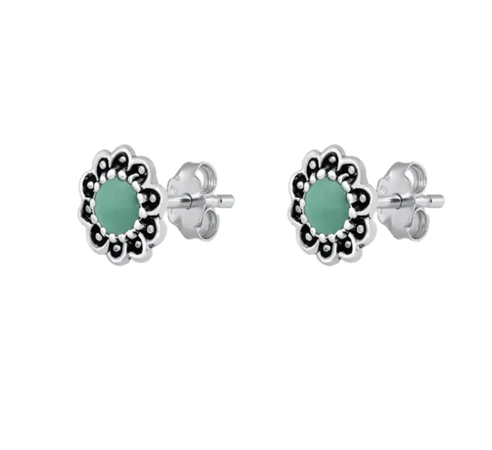 Ag Sterling - Sterling Silver   Simulated Turquoise Floral Stud Earrings