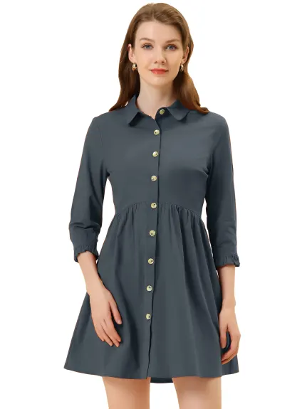 Allegra K- 3/4 Sleeve Button Up Flare Shirt Dress