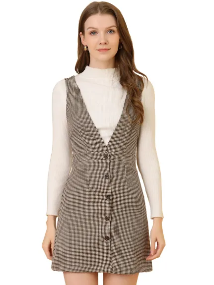 Allegra K- Overalls V-Neck Plaid Houndstooth Pinafore Dress