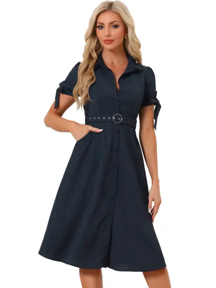 Allegra K- Shirt Dress Doll Collar Belted Puff Short Sleeves