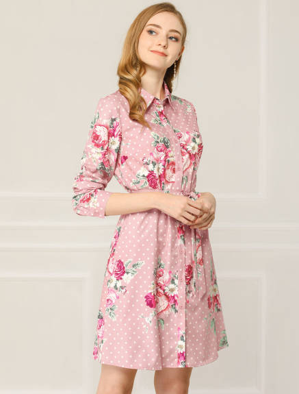 Allegra K- Lapel Button Down Belted Floral Shirt Dress