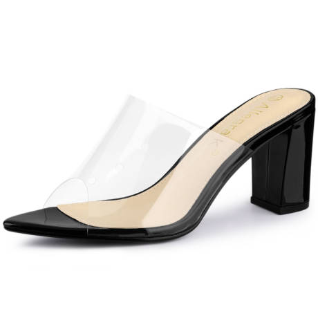 Allegra K- Clear Strap Point Toe High Block Heel Slides