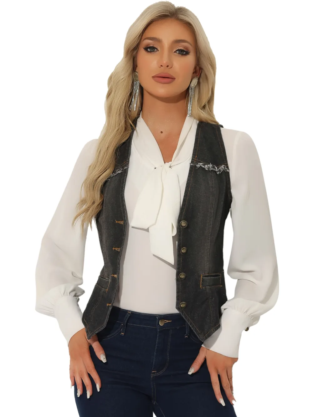 Allegra K- V veste en Jean délavé