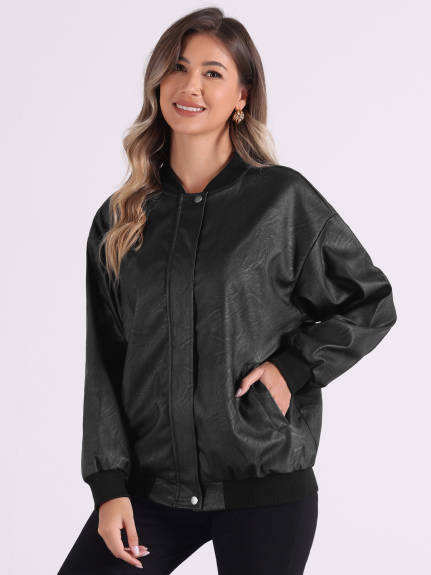 Allegra K - Blouson aviateur surdimensionné à fermeture éclair en similicuir