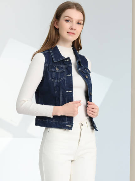 Allegra K- Washed Denim Buttoned Vest with Flap Pockets