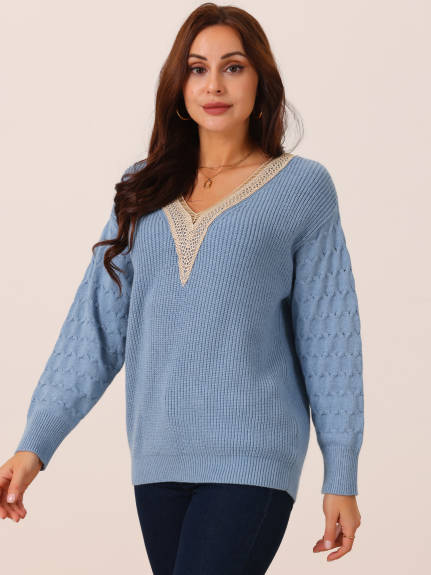 Allegra K - Lace V Neck Drop Shoulder Sweater