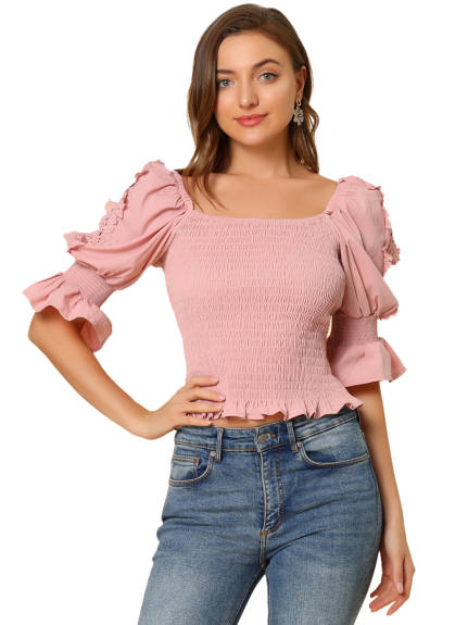 Allegra K- Smocked Waist Square Neck Ruffle Sleeve Blouse