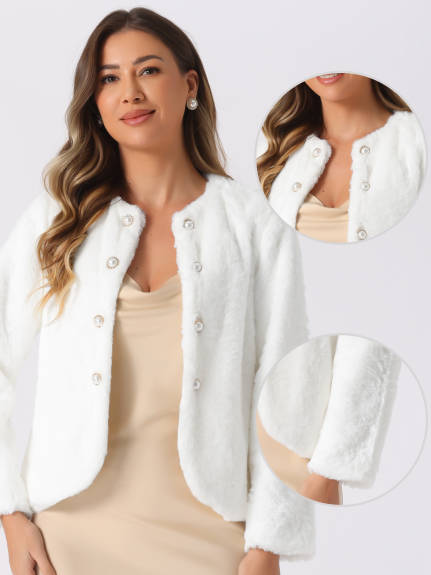 Allegra K - Pearl Button Faux Fur Coat Jacket