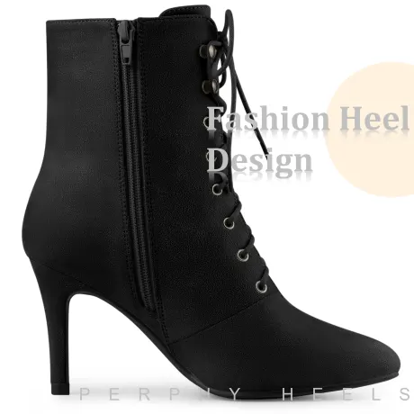 Allegra K - Pointy Toe Zip Lace Up Stiletto Heel Ankle Boots