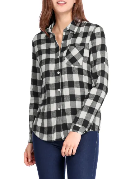 Allegra K- Plaid Long Sleeves Cuff Button Down Shirt