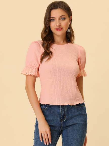 Allegra K- Smocked Round Neck Ruffle Puff Sleeve Blouse