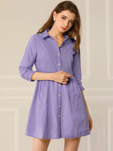 Allegra K- 3/4 Sleeve Button Up Flare Shirt Dress