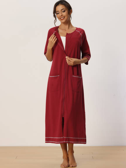 cheibear - Zipper Long Sleeve Midi Nightgown with Pockets